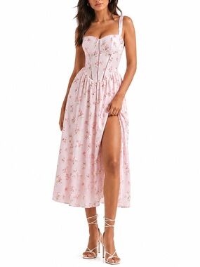 Floral Pink Corset Midi Dress with Side Slit
